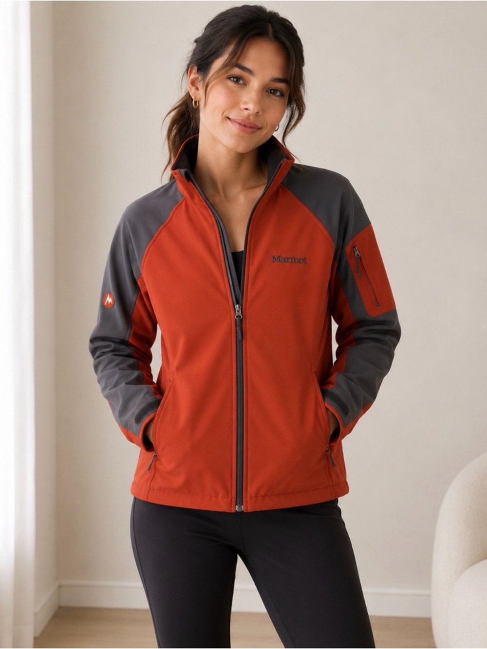 Marmot outdoor women’s jacket rusty red/orange and gray S/P fleece-lined